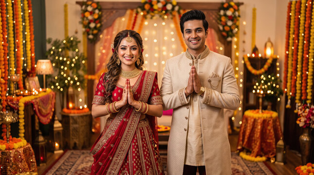 Happy Indian couple in traditional attire celebrating the Lord Ganesha festival with devotion, prayers, festive decorations