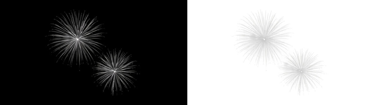 Two white fireworks explosions isolated on transparent background, festive pyrotechnic display for celebration, new year or independence day holiday background