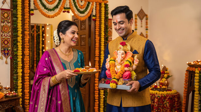 Happy Indian couple in traditional wear celebrating the Lord Ganesha festival with devotion, prayers, and festive joy.