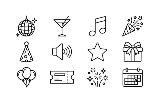 Holiday Party Symbols, line icon set featuring disco ball, cocktail glass, music note, confetti popper, party hat, speaker, star, gift, balloon, ticket, sparkle and calendar, covering holiday party,