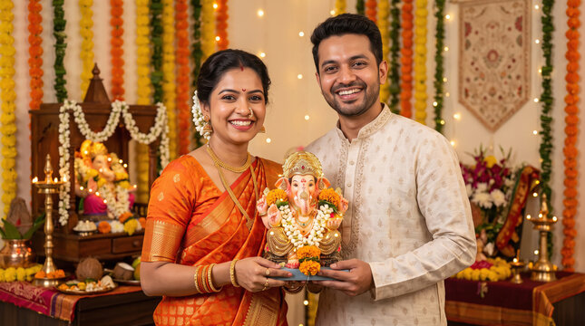 Happy Indian couple in traditional wear celebrating the Lord Ganesha festival with devotion, prayers, and festive joy.