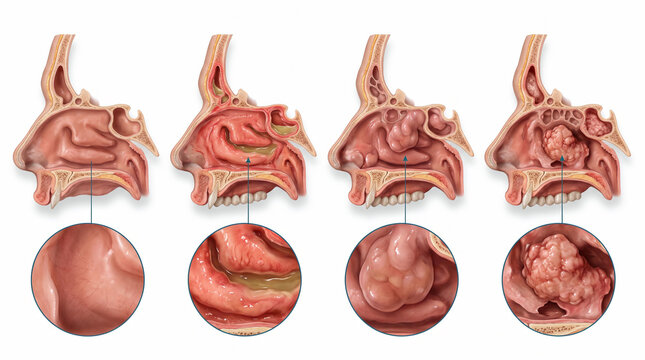 Progression of Nasal Polyps and Chronic Sinusitis Detailed Medical Illustration Showing Stages of Inflammation, Swelling, and Growth Formation in the Nasal Cavity