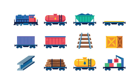 Freight Railway Transport, bright flat vector icon set featuring diesel locomotive, tanker wagon, hopper car, platform wagon, container wagon, boxcar, rail track, cargo crate, steel beam, timber load,