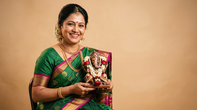 Young beautiful indian woman in traditional saree holding puja thali