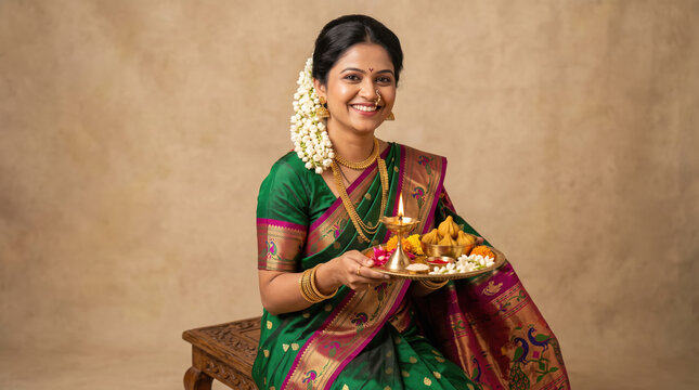 Young beautiful indian woman in traditional saree holding puja thali