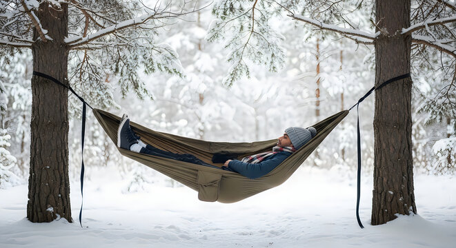 Man Relaxing in Hammock Between Snowy Trees in Winter Forest
