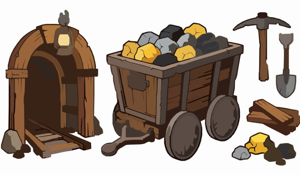Mining Adventure Tools and Treasure Equipment Cartoon Vector Set