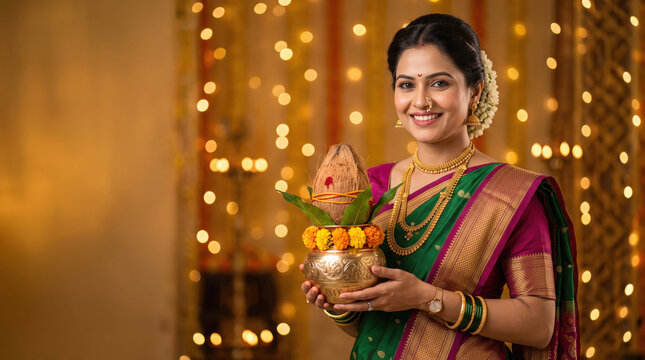Happy Indian woman in traditional attire holding kalash in her hand during a Hindu festival and religious celebration.
