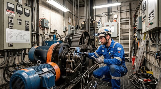 A professional technician in uniform uses a wrench to repair elevator machinery inside a mechanical room.