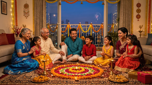 Happy Indian family in traditional attire celebrating the Lord Ganesha festival together with devotion, prayers, festive decorations