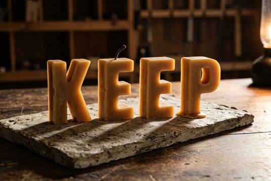 Wax Letter KEEP Candles on Rustic Stone for Motivation and Mindfulness