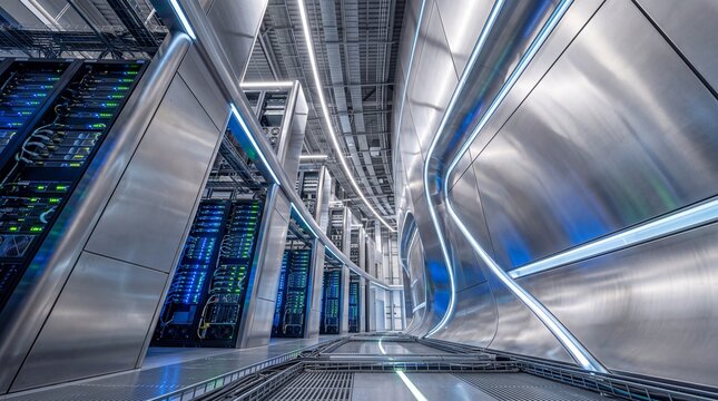Futuristic Data Center Server Room with Network Racks