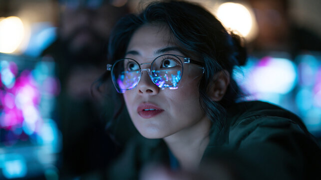 Focused Female Programmer Working on Computers at Night