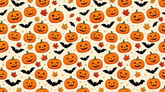 Halloween seamless pattern with pumpkins and bats