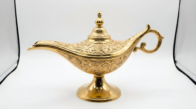 Shiny copper magic genie lamp with ornate floral carvings illustration
