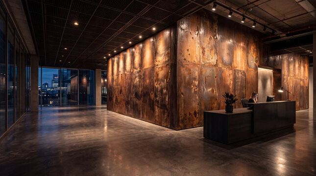 Modern Corporate Lobby with Industrial Steel Reception Area