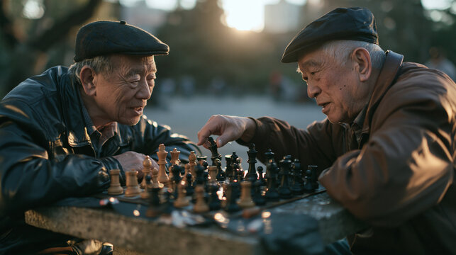 Senior Men Playing Chess Outdoors in Park