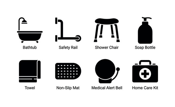 Senior Hygiene Assistance, solid glyph icon set featuring bathtub, safety rail, shower chair, soap bottle, towel, non-slip mat, medical alert bell, home care kit, covering elderly hygiene, assisted