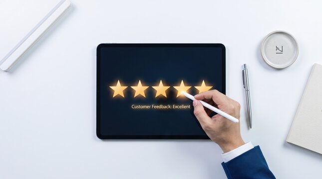 of businessman hand using stylus pen to give five star excellent rating on tablet computer screen, representing positive customer feedback, service satisfaction, online review