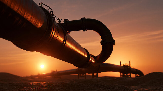 Industrial Oil Pipeline Across Desert at Sunset