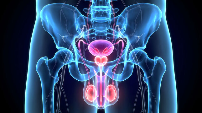3D rendering illustration of male reproductive system anatomy with pelvic bones