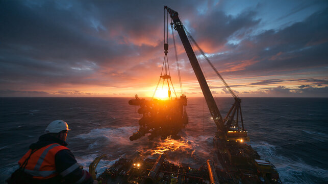 Offshore Crane Hoisting Heavy Equipment at Sunset Over Ocean