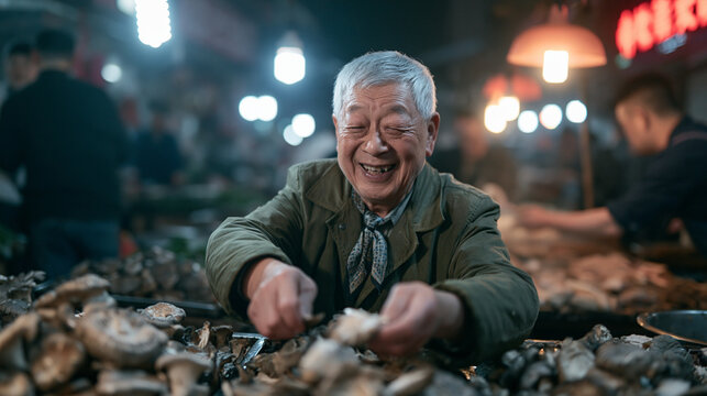 Senior Asian Vendor Smiling at Local Night Market