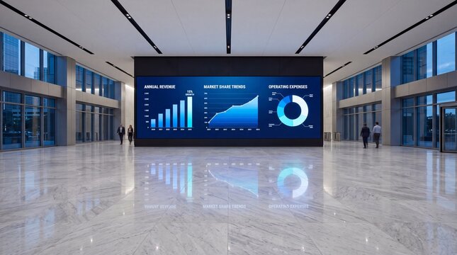 Modern Corporate Lobby with Large Financial Data Screen