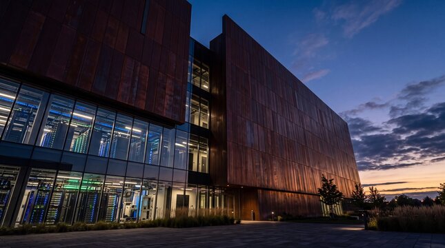 Modern Data Center Building Exterior at Dusk