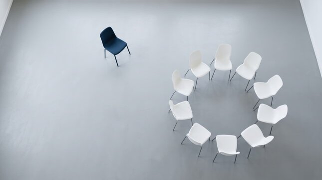 High angle view of blue chair isolated from circle of white chairs on grey floor, symbolizing leadership, exclusion, or unique individuality in a minimalist corporate meeting