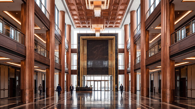 Grand Corporate Lobby Interior with High Ceiling and Columns