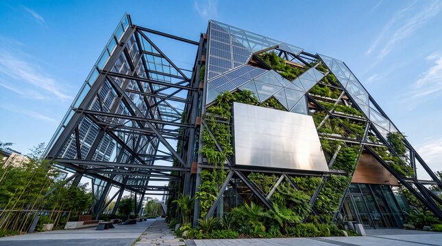Modern Sustainable Architecture Building with Vertical Garden and Solar Panels