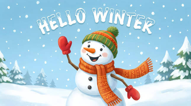 Cute snowman waving hello winter in a snowy landscape illustration
