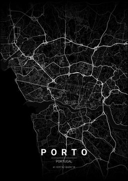 Porto City Map Poster, Noir Style Urban Street Grid Illustration