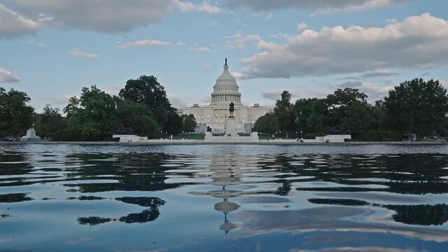 Reflecting pool at Capitol. Landmark Capitol and reflecting pond. Government landmark in Washington DC USA with trees and water. Capitol reflecting pool. United States Capitol with pool water