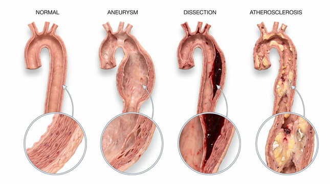 Comparison of Normal Aorta with Aneurysm, Dissection, and Atherosclerosis Conditions