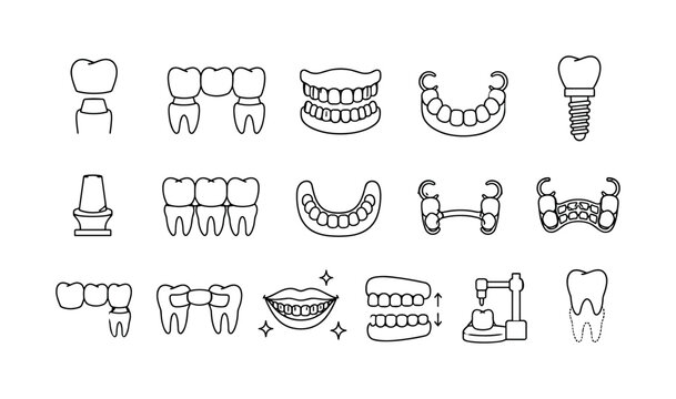 Dental Prosthesis Types &mdash; line icon set of 15 clean outline icons including crown, bridge, complete denture, partial denture, implant, abutment, fixed prosthesis, removable prosthesis, framework,