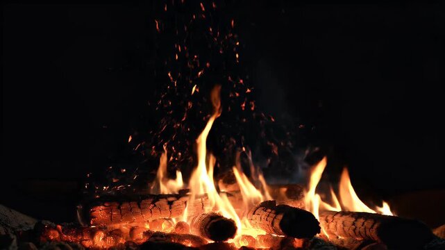 A low intense fire glowing in complete darkness with hundreds of tiny orange embers slowly floating upward. The main flames remain concentrated near the bottom center while sparks travel through the s