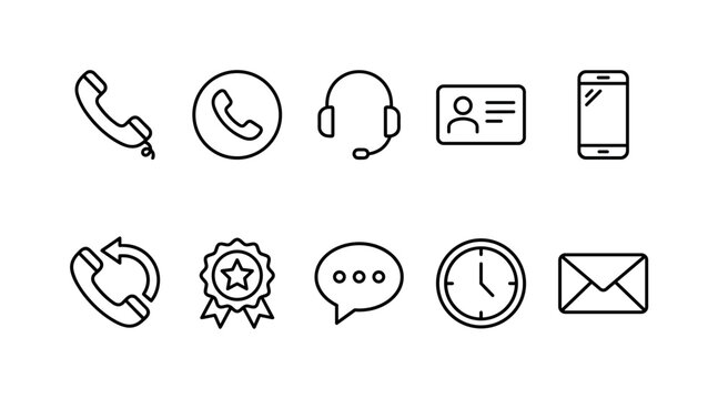 Call Support Buttons, line icon set featuring phone handset, call button, support headset, contact card, smartphone, callback arrow and service badge, covering customer service, contact us, website