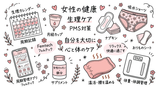 Women's health and menstrual care doodle vector set with calendar, period tracker app, menstrual cup, sanitary pads, and supplements