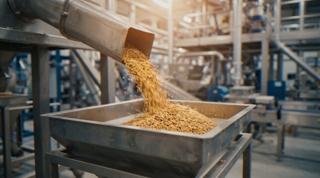 Grain falling from a metal industrial chute into a collection tray at a food processing plant.