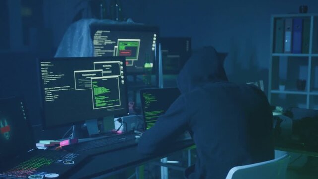 Lone Hacker Surrounded by Computer Screens in a Dark Room