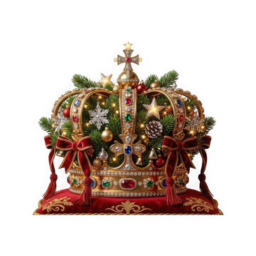 Royal Christmas crown on velvet pillow, ornate gold holiday tiara, festive regal decoration