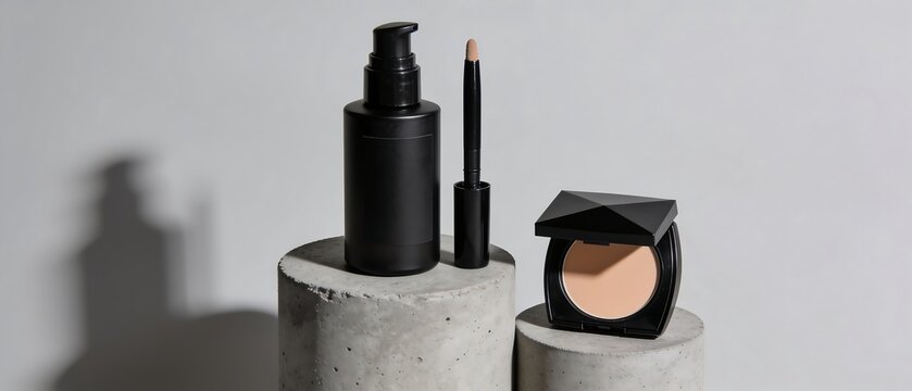 Black cosmetic pump bottle with compact makeup display.