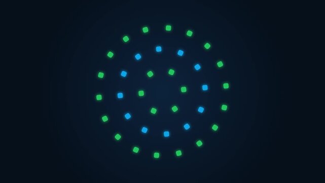 Abstract Futuristic Digital Circle Pattern with Glowing Blue and Green Neon Dots on Dark Background