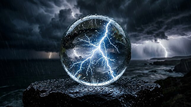 Lightning bolt trapped inside a glowing crystal sphere against a dark stormy sea background.