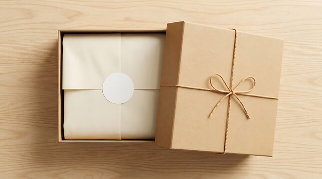 Open brown cardboard gift box wrapped in smooth cream paper sheets