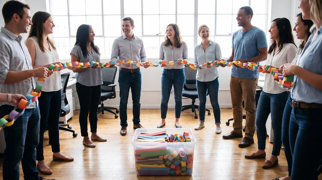 Coworkers standing in a circle passing a colorful paper chain link to link