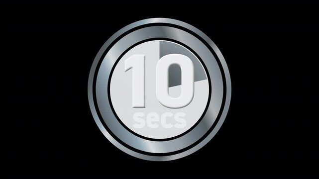 silver 10 second countdown clock timer for game shows, quizzes, tutorials, instruction guides for 10 secs animated graphic stopwatch counter 4K animation graphics with transparent alpha channel 4K