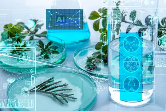 AI Artificial intelligence analyzing plant samples in laboratory, biotechnology research, smart agriculture, GMO and cloning technology concept with digital interface overlay